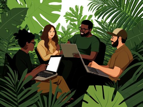 Group of Young Adults Collaborating on Laptops in a Lush Green Outdoor Environment
