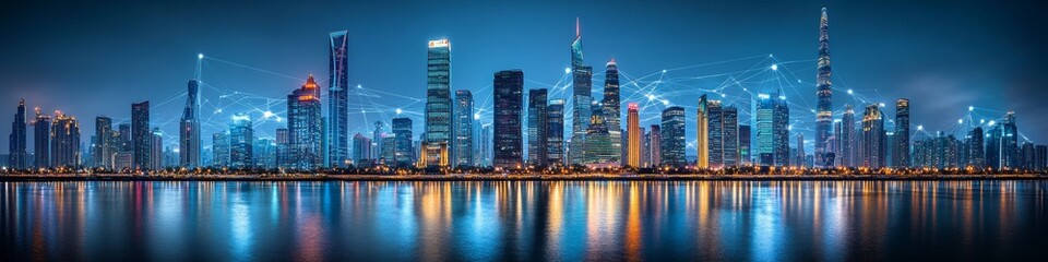 Connected Cityscape Modern Metropolis at Twilight with Glowing Lines of Digital Connectivity