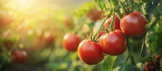 Obraz premium Juicy red tomatoes hanging on green vines in a sunlit garden with a soft focus background showcasing a warm, vibrant sunset glow.