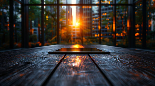 Tablet on wooden table with blurred city view at sunset. Warm light and urban background visible through window.