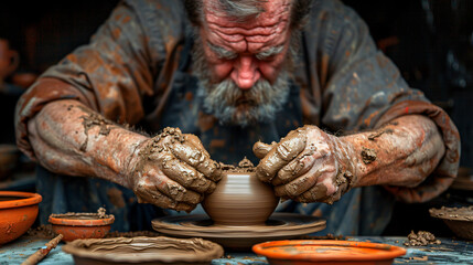 Focused close-up of a potter shaping clay on a wheel. Mud-covered hands expertly craft a pot in a rustic workshop setting.
