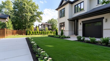 Fototapeta premium Suburban home exterior driveway landscaping sunny day neighborhood real estate