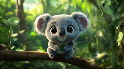 Adorable koala cub on branch, lush forest background, children's book illustration