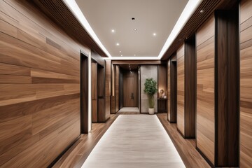 Naklejka premium Long empty hotel corridor with doors on both sides and soft lighting