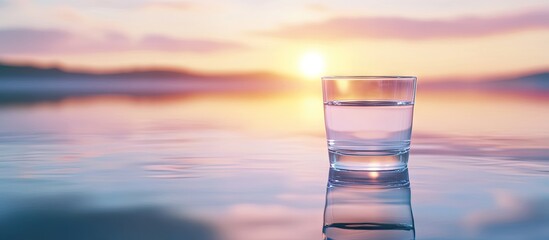 Clear glass of water on calm reflective surface with warm sunrise in background, soft pastel tones of pink and orange, evoking hope and positivity.