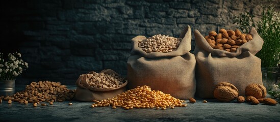 Organic nuts and seeds in burlap sacks arranged on a rustic surface with a neutral backdrop showcasing earthy tones and bulk packaging options.