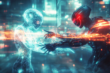 Futuristic AI battle between two advanced artificial intelligences in digital cyberworld. Cyber warfare, neural networks clash and AI dominance. Sci-fi tech fight in high-tech virtual arena