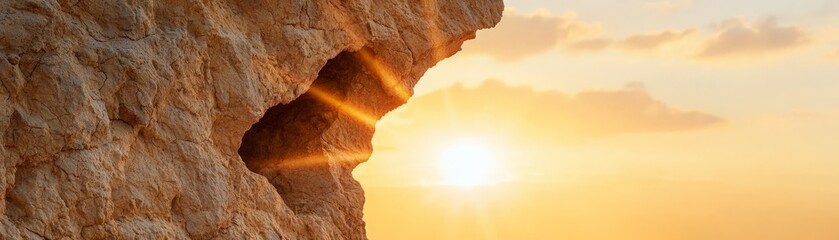 The image features a rocky cliff with sunlight streaming through a crevice, creating a warm, glowing effect against a scenic sunset backdrop.