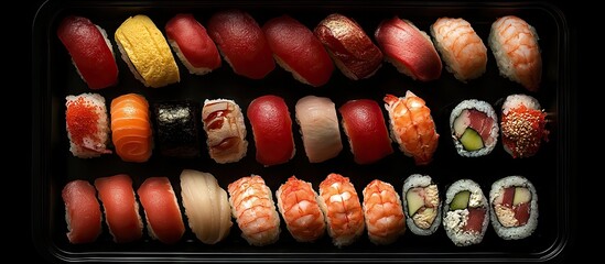 Sushi platter arranged on a black tray featuring colorful nigiri and maki rolls in shades of orange, red, and white, showcasing a variety of textures.