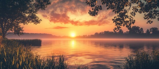 Fototapeta premium Tranquil summer morning at dawn with vibrant orange and pink sunrise reflecting on calm lake waters surrounded by lush green foliage.