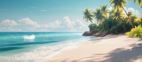 Tranquil beach scenery with white sandy shore turquoise ocean waves lush green palm trees under a clear blue sky at sunny day
