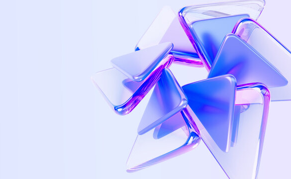 Abstract 3d blue background wallpaper with glass transparent and metal triangle plate shapes render, iridescent light neon holographic gradient. Digital graphic design tech banner. 3D illustration