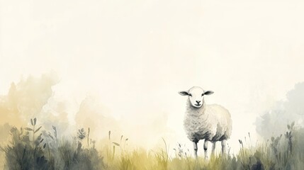 A sheep is standing in a field of grass. The sheep is looking to the right. The background is a light blue color
