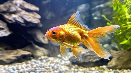 Fototapeta premium Golden Fish Swims In Aquarium Tank