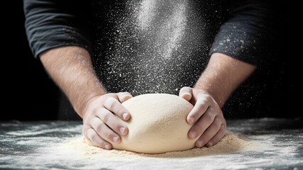 Kneading dough for artisan bread kitchen culinary action indoor close-up baking process