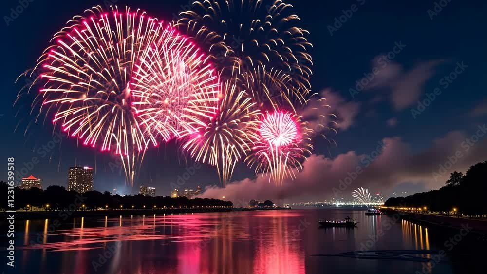 Poster a fireworks display is lit up in the night sky over a city. the fireworks are in the air and are lit
