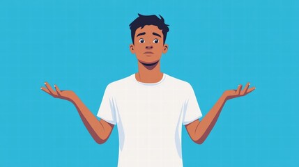 Illustration of a Confused Young Man Shrugging with Uncertain Expression on a Blue Background  
