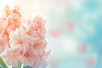 Fototapeta premium Spring hyacinths in white and blue with pink hearts on a pastel bokeh background, symbolizing love, romance, and fresh celebrations
