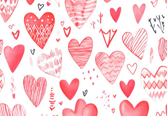 Hand painted watercolor pattern featuring various red hearts, perfect for romantic designs