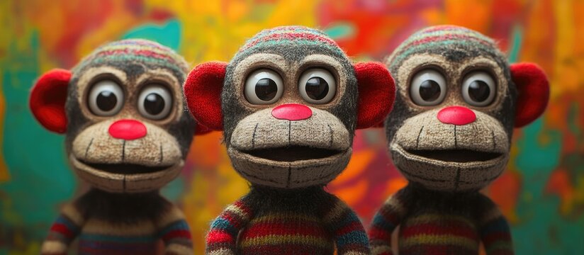 Three colorful sock monkeys with large inquisitive eyes and playful expressions against a vibrant abstract background featuring reds, yellows, and blues.