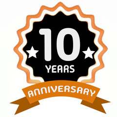 Celebrating 10 years anniversary label with orange ribbon. 3d render.
