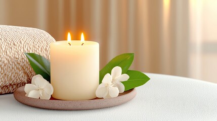 Winter Minimalist Living of A serene candle with flames and fresh flowers on a soft surface, creating a calming and relaxing atmosphere.