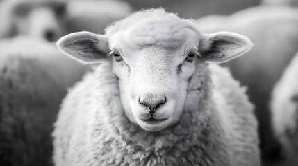 Obraz premium Close-up of a sheep showcasing soft wool texture in a pastoral setting under soft daylight