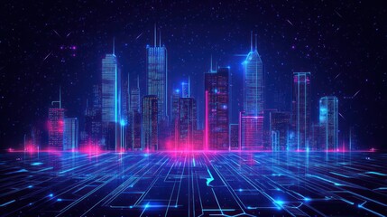 Fototapeta premium Futuristic city skyline at night, digital data flow, starry background, tech concept