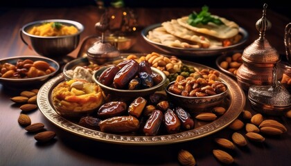 Fototapeta premium Sumptuous Spread Of Traditional Arabic Food Served During Ramadan Featuring Dates and Almonds