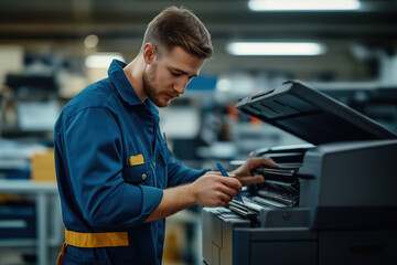 A technician repairing a large office printer. Created with Generative AI.