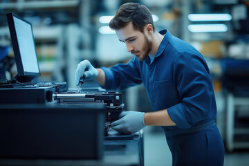 A technician repairing a large office printer. Created with Generative AI.