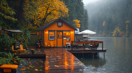 Fototapeta premium Autumn lake cabin, rain, forest background, cozy retreat