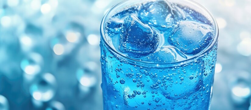 Vibrant blue soda drink in a clear glass filled with ice cubes, bubbles rising against a soft focus turquoise background, inviting a refreshing experience
