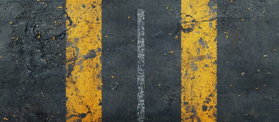 Asphalt pavement with worn yellow lines and a faded white center line, positioned horizontally, enhancing safety and navigation for drivers.