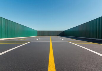 Fototapeta premium An empty parking lot with white lines and yellow stripes on the asphalt, surrounded by green walls. Copy space