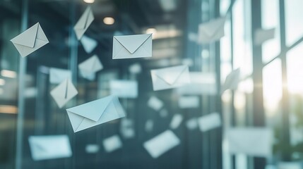 A high-resolution photograph of floating envelopes in the air, representing positive digital fan engagement with flying letters and an office background. Copy space