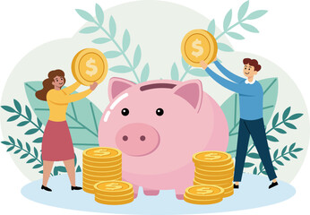 Illustration of a financial savings concept featuring a large pink piggy bank at the center surrounded by stacks of gold coins. 