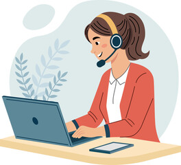 Illustration of a female customer service representative working at a desk. She is typing on a laptop.
