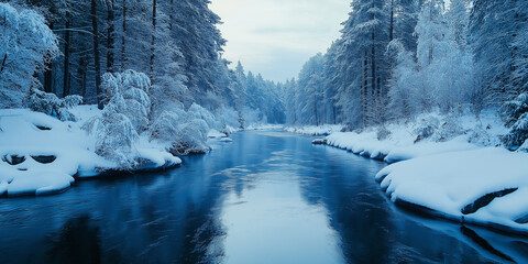 Frozen Lake with Snowy Trees and Mountain Reflection