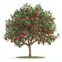 Apple tree with ripe red apples hanging from the branches, centered on a clean white background