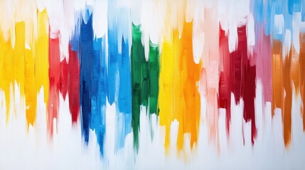 Fototapeta premium Vibrant vertical rainbow brushstrokes of acrylic paint on a white canvas.
