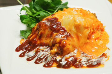 Delicious-looking omelette rice, freshly prepared with ketchup