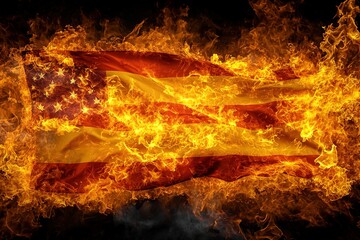 American flag burning in flames and fire. Concept of California fires. Generative Ai