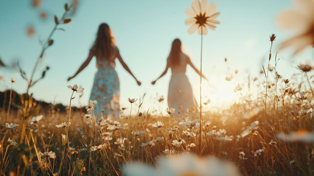 Elegant women in floral print dresses dancing in blooming spring field. Wildflowers up to their knees, soft sunlight, vibrant hues, dynamic movement, joyful atmosphere. women spring time concept