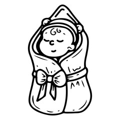 Newborn baby in a blanket hand drawn doodle. Little child sleeping. Discharge from the maternity hospital. Birthday. Vector line art illustration.