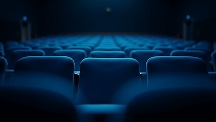 Fototapeta premium Deep blue seats in a spacious auditorium evoke readiness and a sense of collective experience, ideal for theatrical or conference media