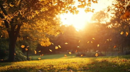 Fototapeta premium Golden Autumn Sunset Falling Leaves in Park