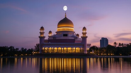 Fototapeta premium Illuminated Mosque at Dusk, Water Reflection, City Skyline