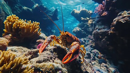 A Vivid Orange Lobster in a Coral Reef Habitat