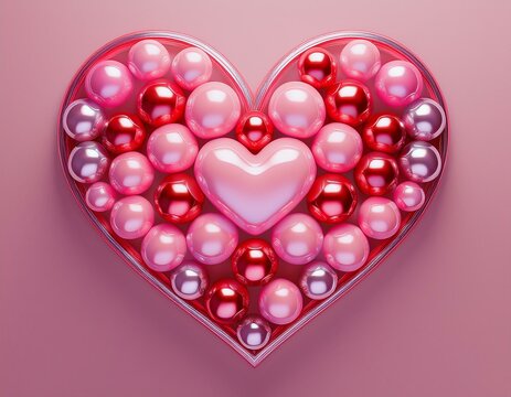 3D Render of a Heart Shape Made from Multicolored Spheres: Pink, Red Glass, and Red Metallic Ornaments.